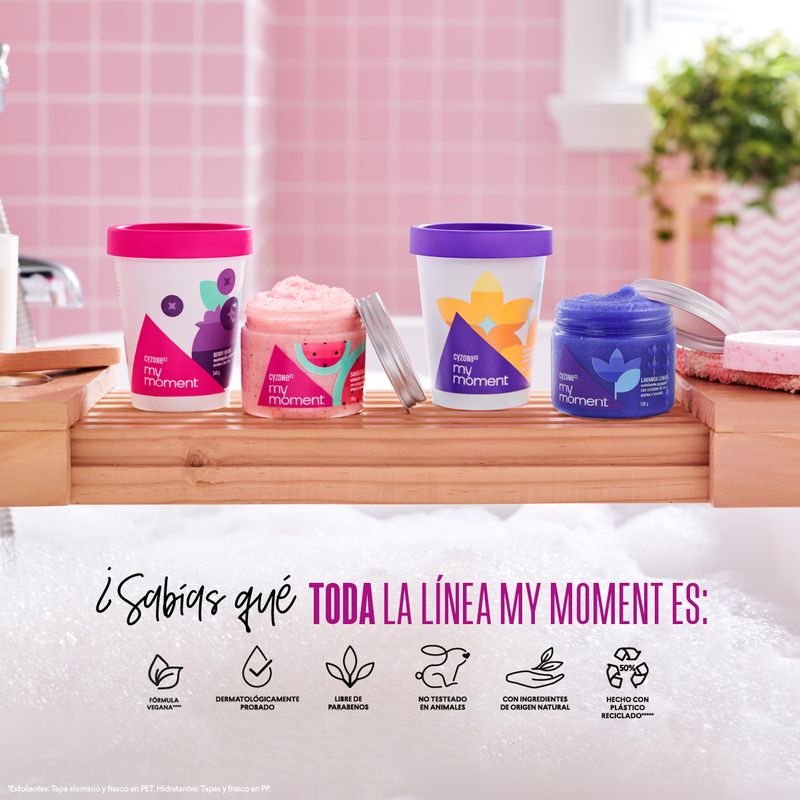 Crema-hidratante-corporal-Berry-Bikini--y-el-exfoliante-corporal-de-la-linea-My-Moment-Paradise
